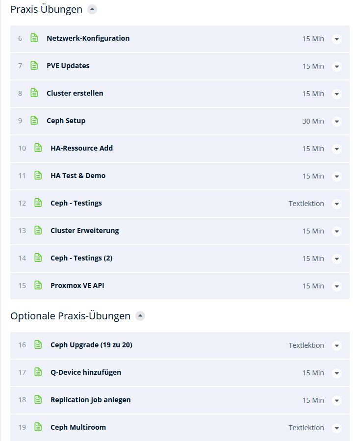 Curriculum der Praxisübungen: Proxmox Netzwerk, HA-Ressourcen, Ceph Setup und Troubleshooting