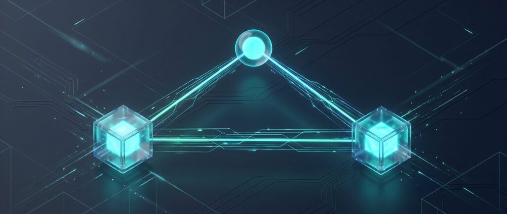 Proxmox VE QDevice Quorum Witness - Abstrakte 3D-Konzeptgrafik mit 2 Nodes und 1 Witness-Sphäre (Symbolbild)