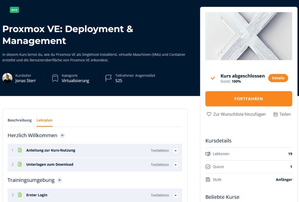 Lernplattform training.proxforge.de mit strukturiertem Lehrplan und Lektionen